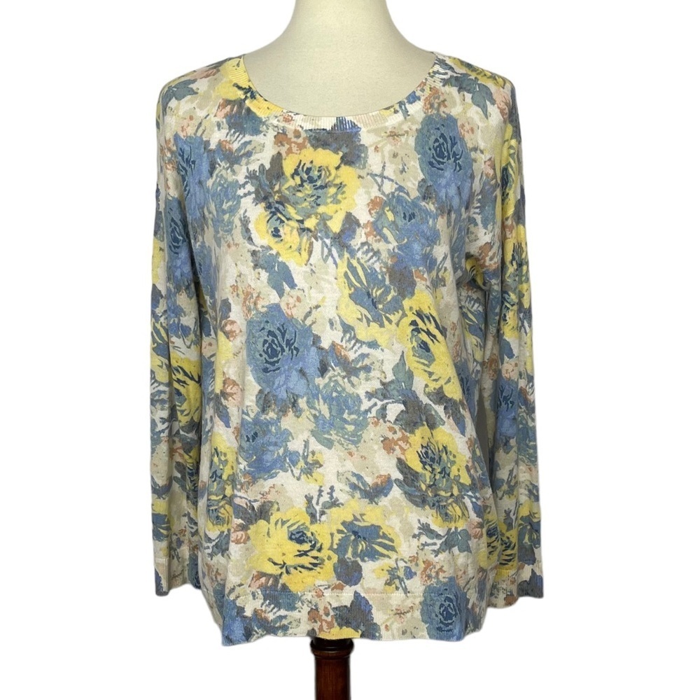 Joie Sweater Womens Small Blue Yellow Floral‎ Crewneck Viscose Wool Blend # K021